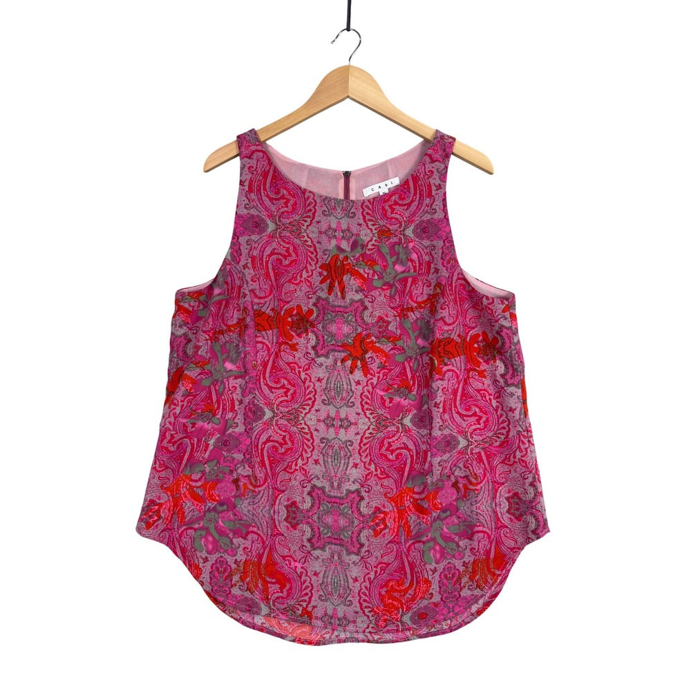 Cabi Sleeveless Tank Top Women XL Pink Paisley Print Curved Hem Chiffon 127‎